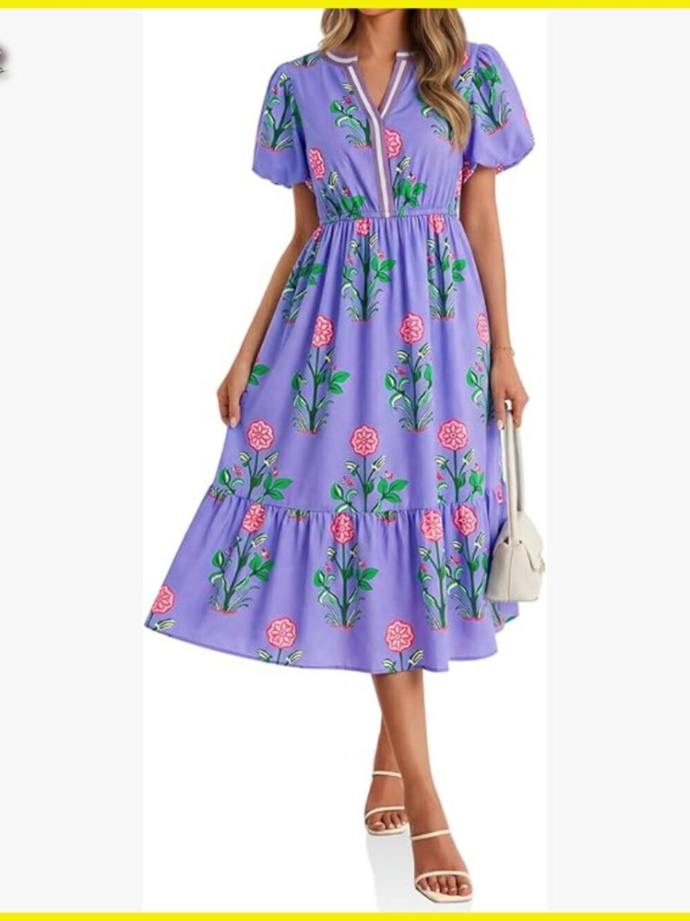 Floral Maxi Dress Boho A-Line V-Neck Puff Sleeve Summer Beach Vacation Outfit